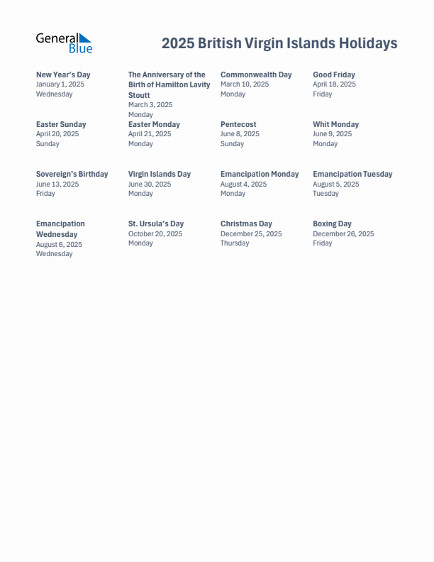 Free printable list of British Virgin Islands holidays for year 2025