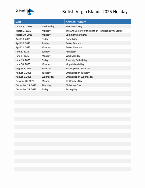 Free printable list of British Virgin Islands holidays for year 2025