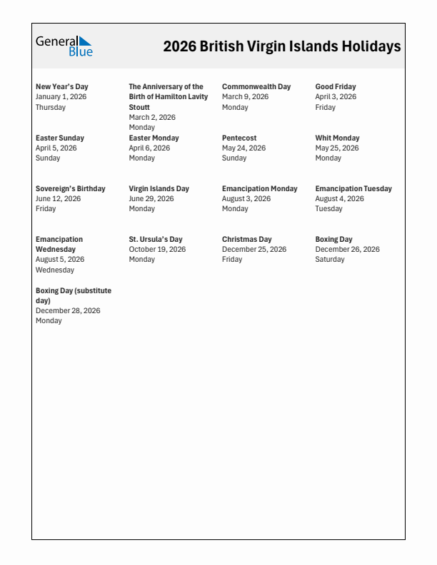 Free printable list of British Virgin Islands holidays for year 2026