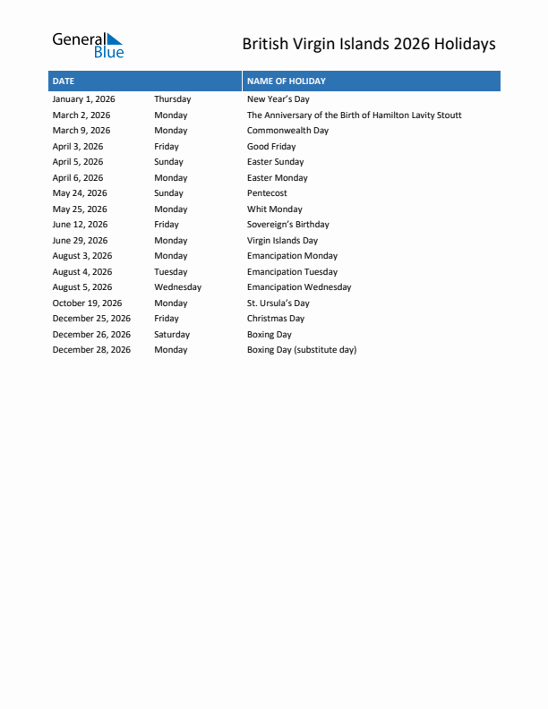 Free printable list of British Virgin Islands holidays for year 2026