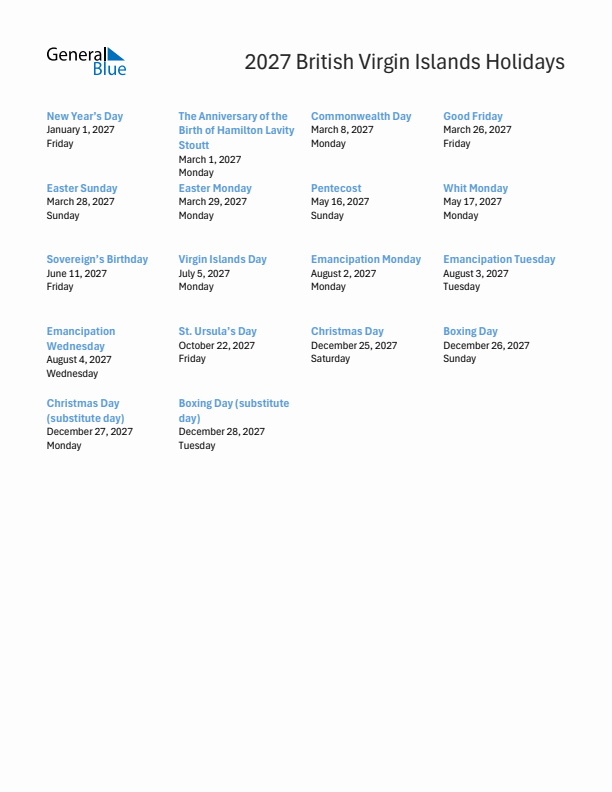 Free printable list of British Virgin Islands holidays for year 2027