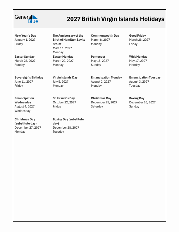 Free printable list of British Virgin Islands holidays for year 2027