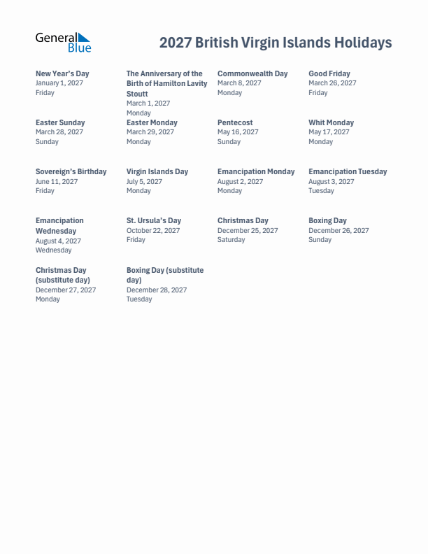 Free printable list of British Virgin Islands holidays for year 2027