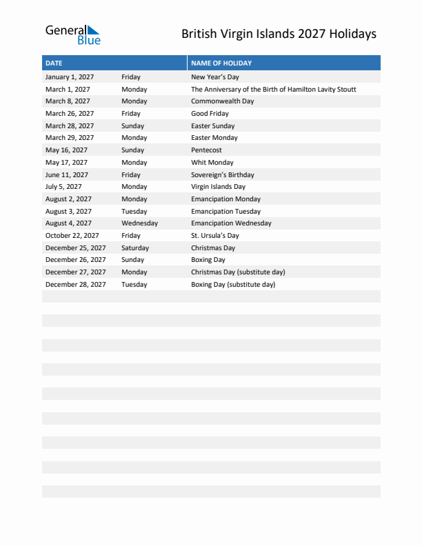 Free printable list of British Virgin Islands holidays for year 2027