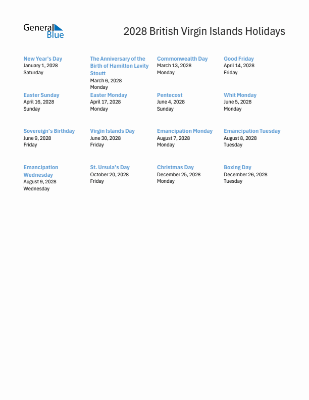 Free printable list of British Virgin Islands holidays for year 2028