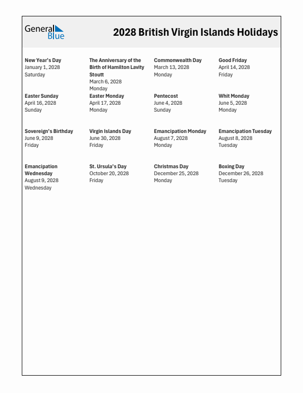 Free printable list of British Virgin Islands holidays for year 2028