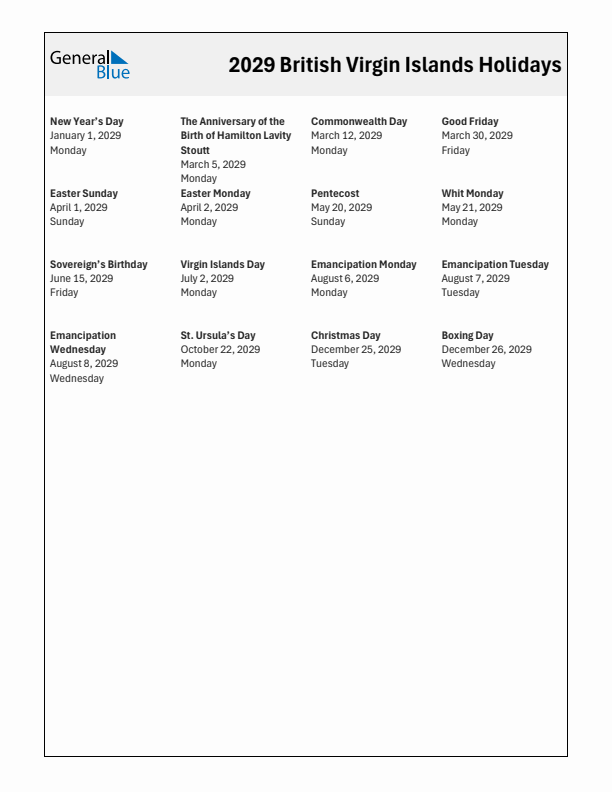Free printable list of British Virgin Islands holidays for year 2029