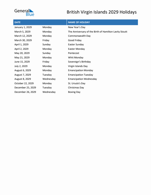 Free printable list of British Virgin Islands holidays for year 2029