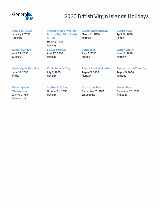 Free printable list of British Virgin Islands holidays for year 2030