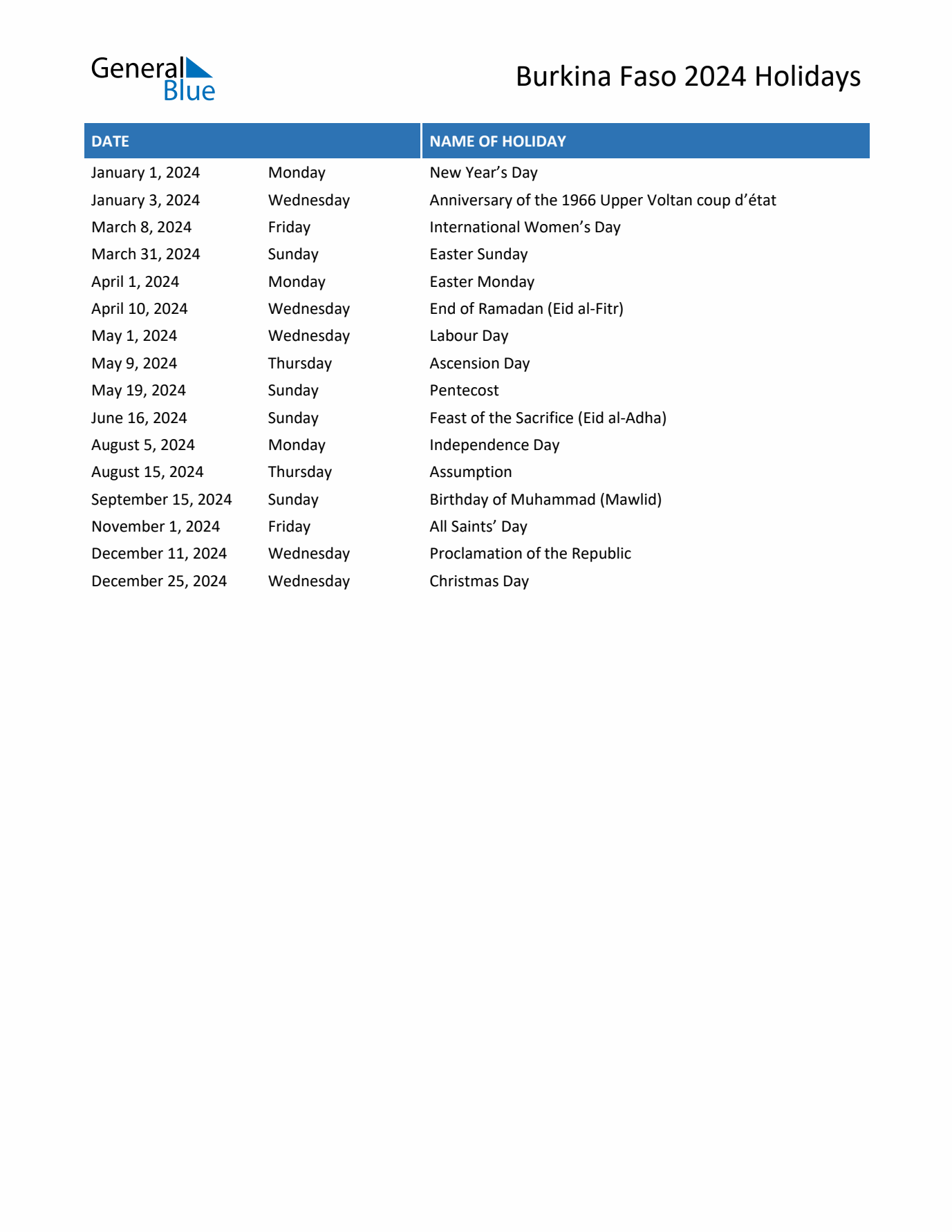 Free printable list of Burkina Faso holidays for year 2024