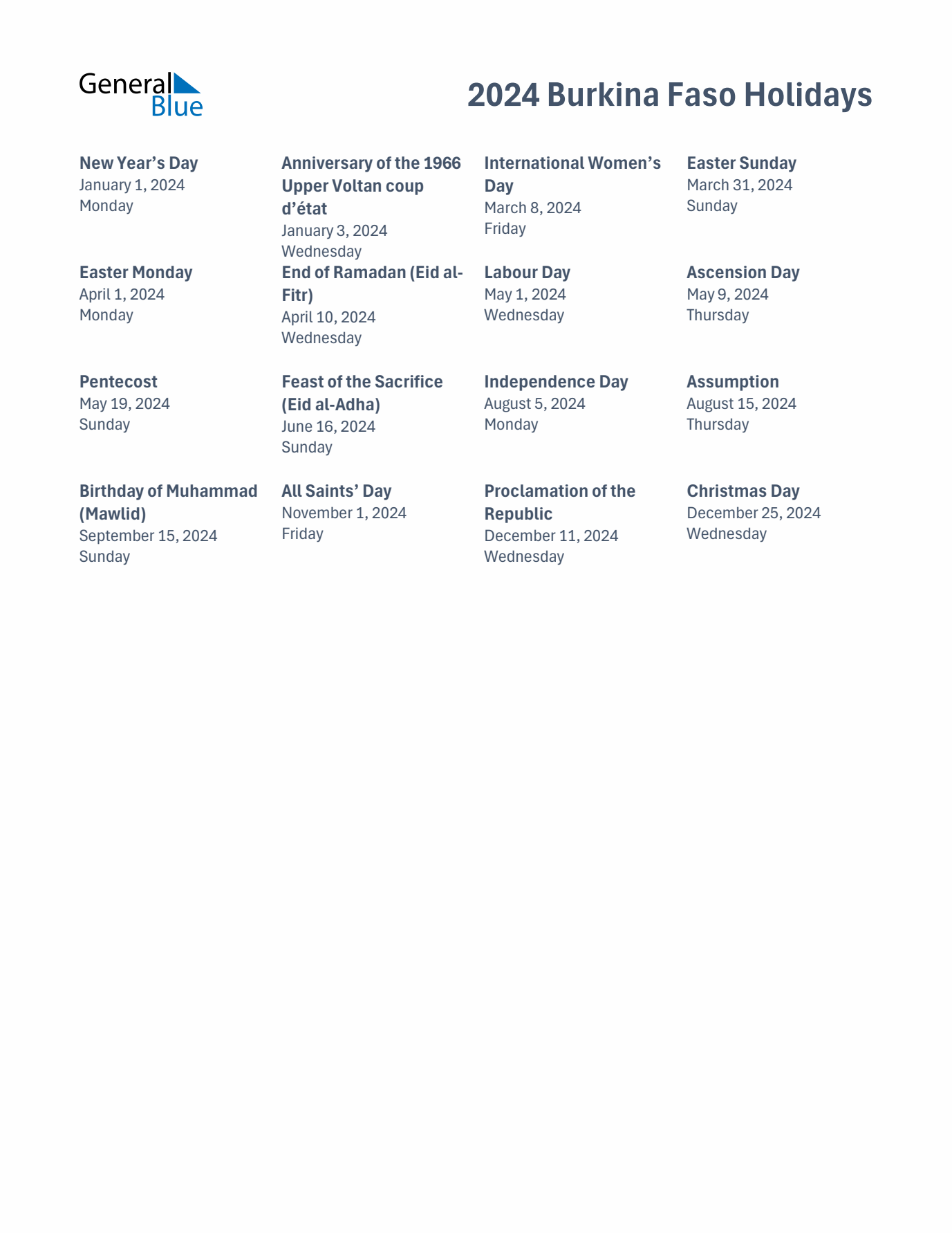 Free printable list of Burkina Faso holidays for year 2024