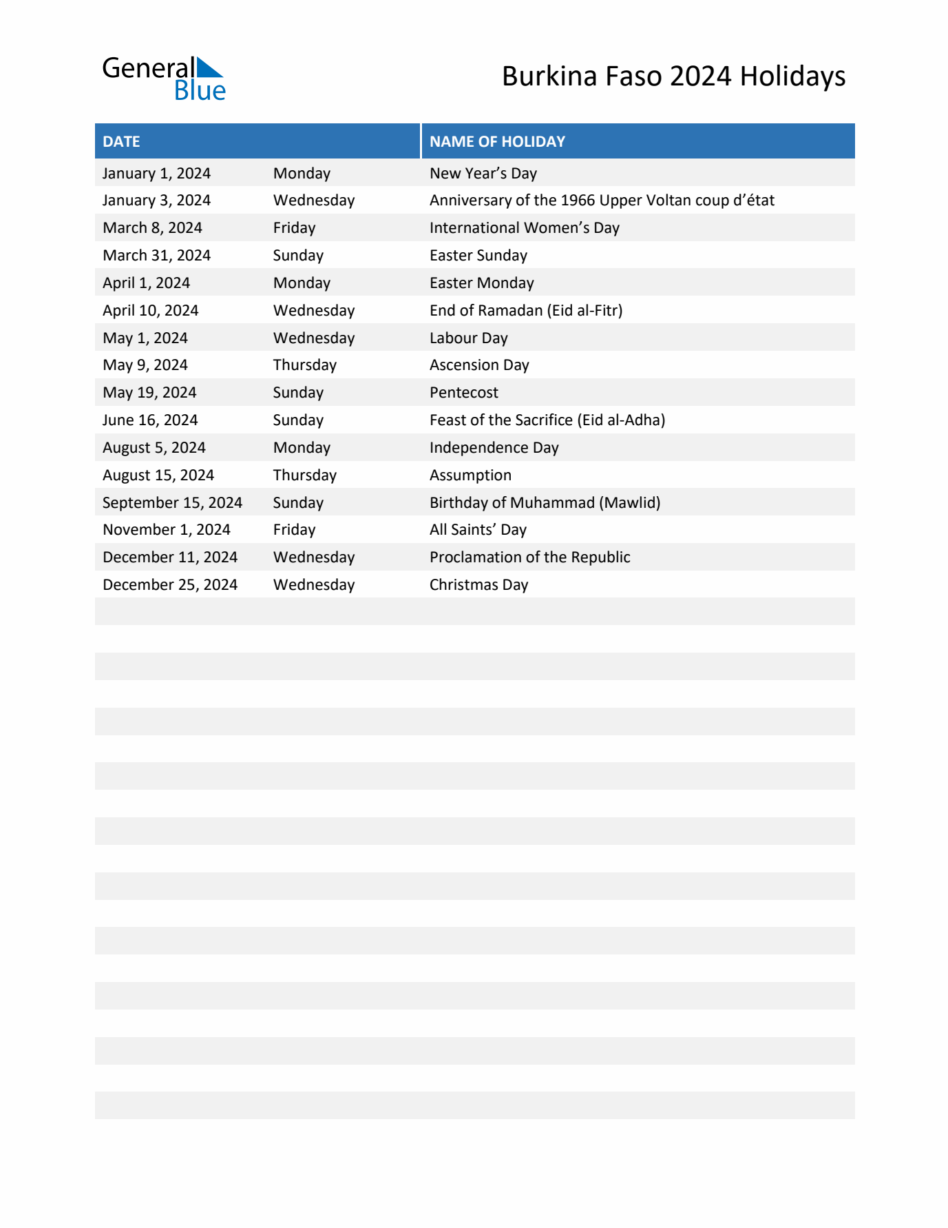Free printable list of Burkina Faso holidays for year 2024