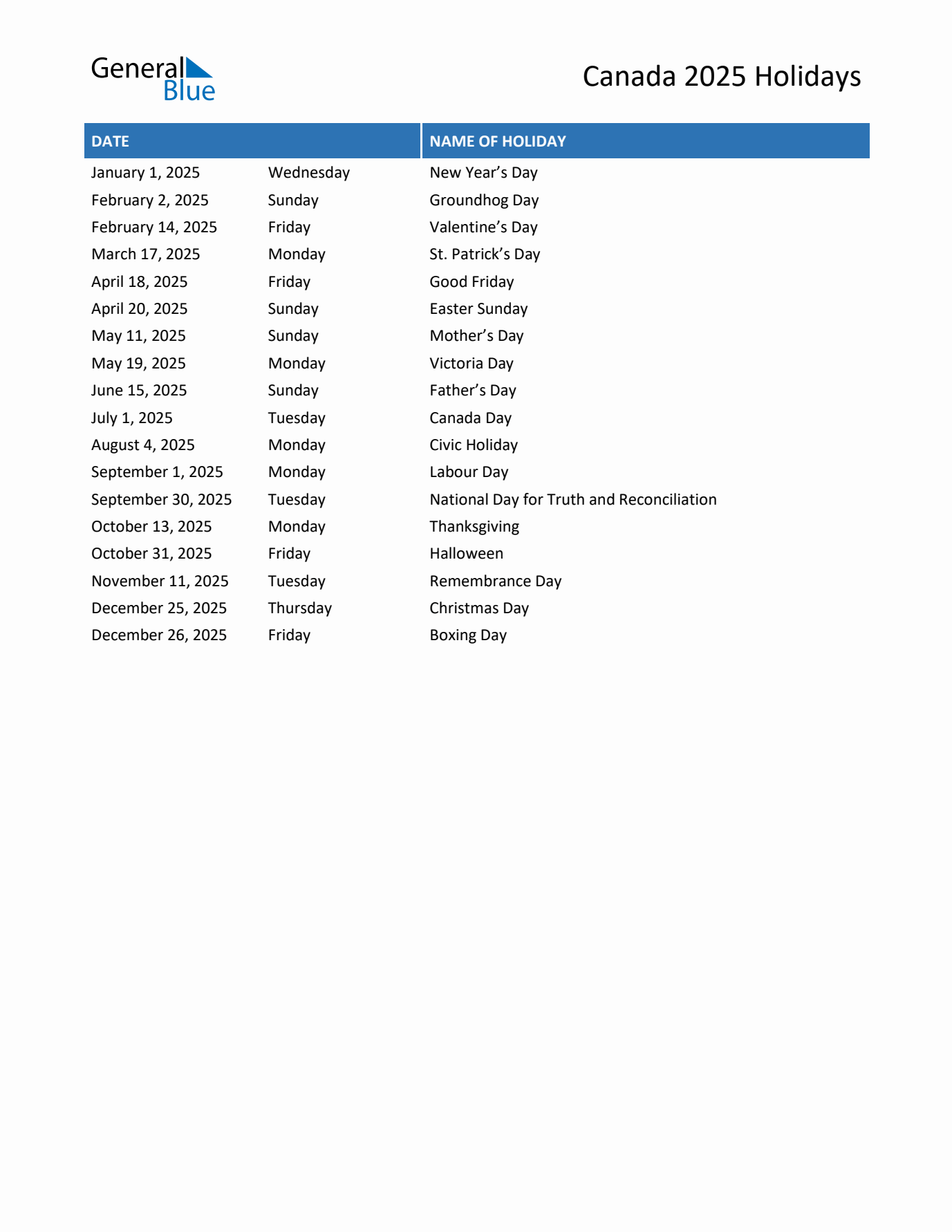 2025 Canada List of Holidays in PDF, Word, and Excel