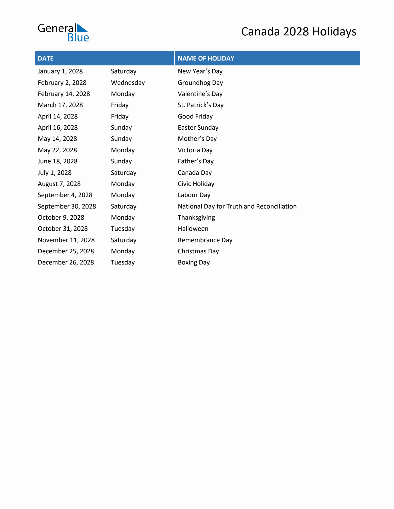 2028 Canada List of Holidays in PDF, Word, and Excel