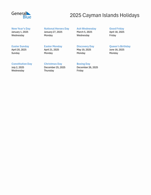 Free printable list of Cayman Islands holidays for year 2025