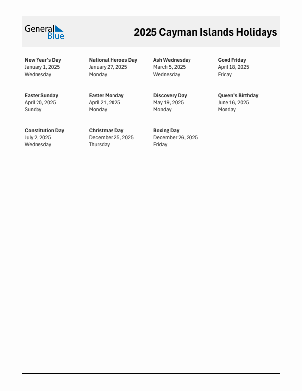 Free printable list of Cayman Islands holidays for year 2025