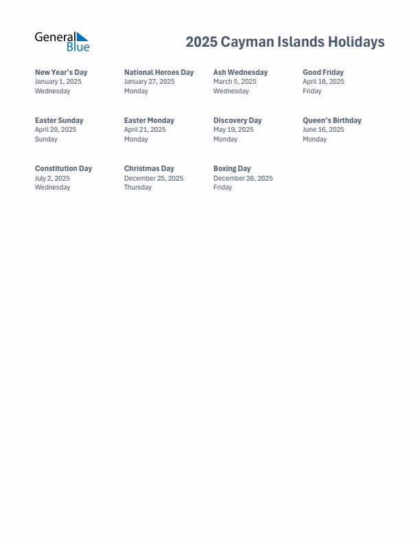 Free printable list of Cayman Islands holidays for year 2025