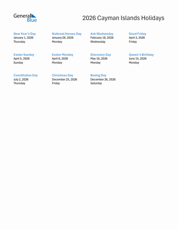 Free printable list of Cayman Islands holidays for year 2026