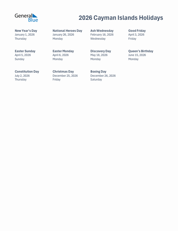 Free printable list of Cayman Islands holidays for year 2026