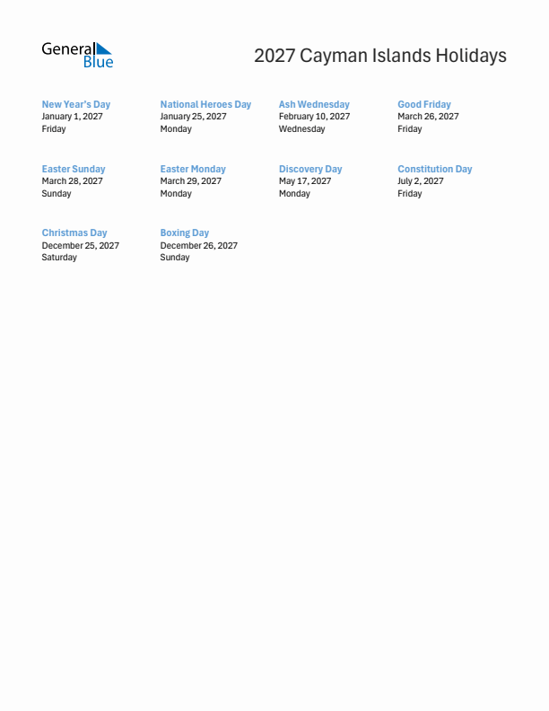 Free printable list of Cayman Islands holidays for year 2027