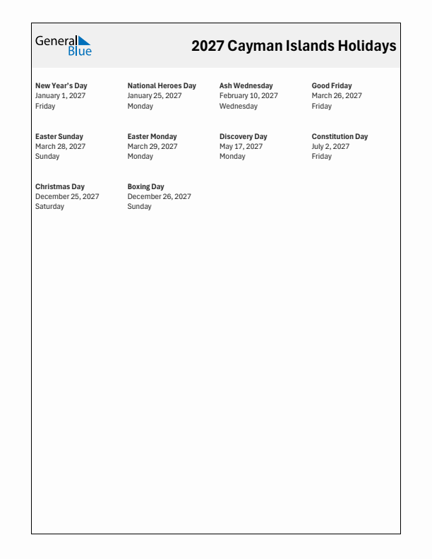 Free printable list of Cayman Islands holidays for year 2027