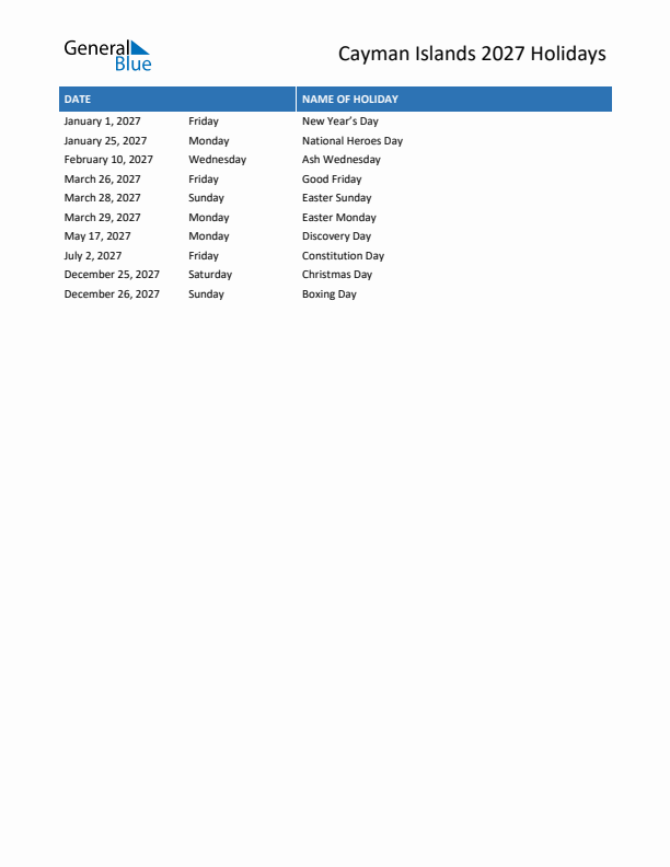 Free printable list of Cayman Islands holidays for year 2027