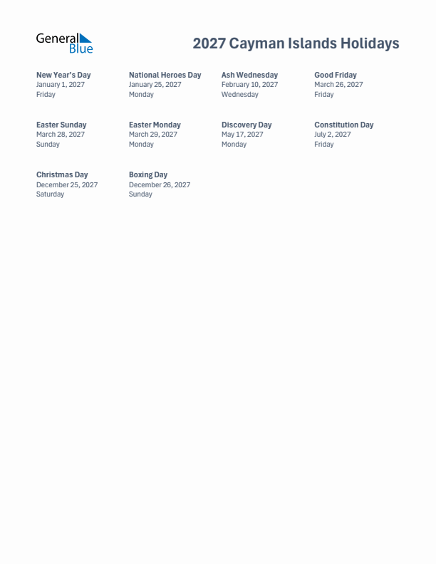 Free printable list of Cayman Islands holidays for year 2027