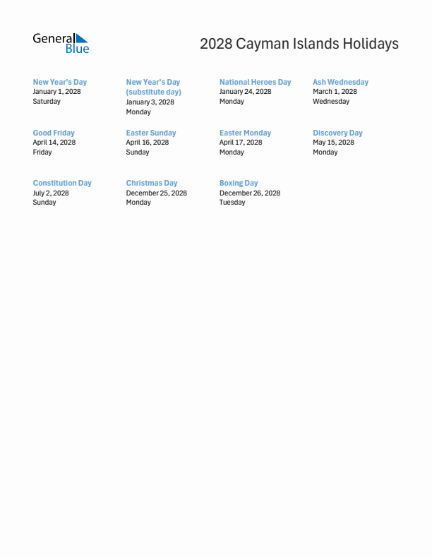 Free printable list of Cayman Islands holidays for year 2028