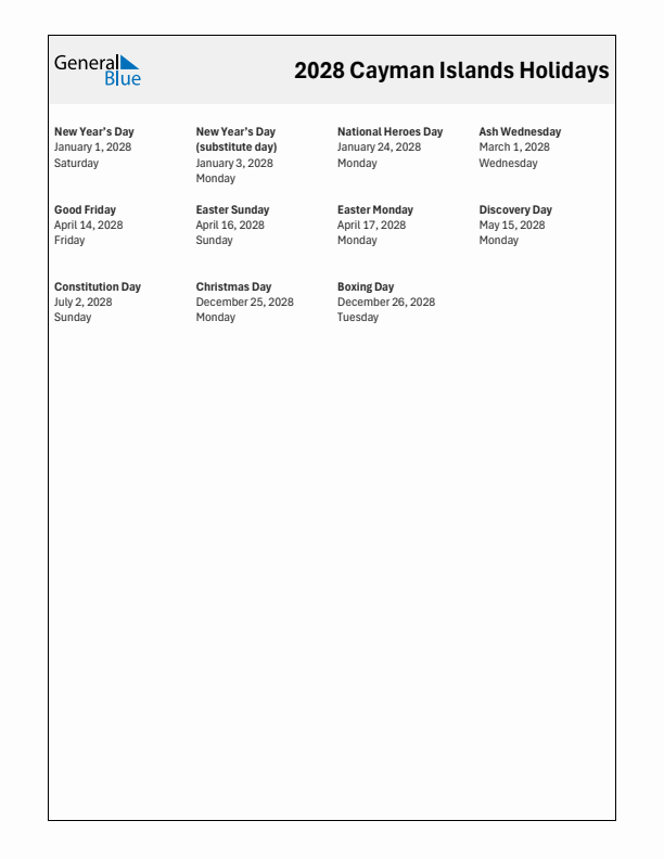 Free printable list of Cayman Islands holidays for year 2028