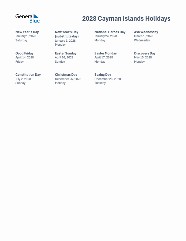 Free printable list of Cayman Islands holidays for year 2028