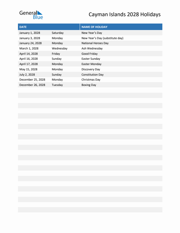 Free printable list of Cayman Islands holidays for year 2028