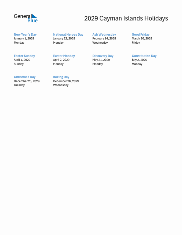 Free printable list of Cayman Islands holidays for year 2029