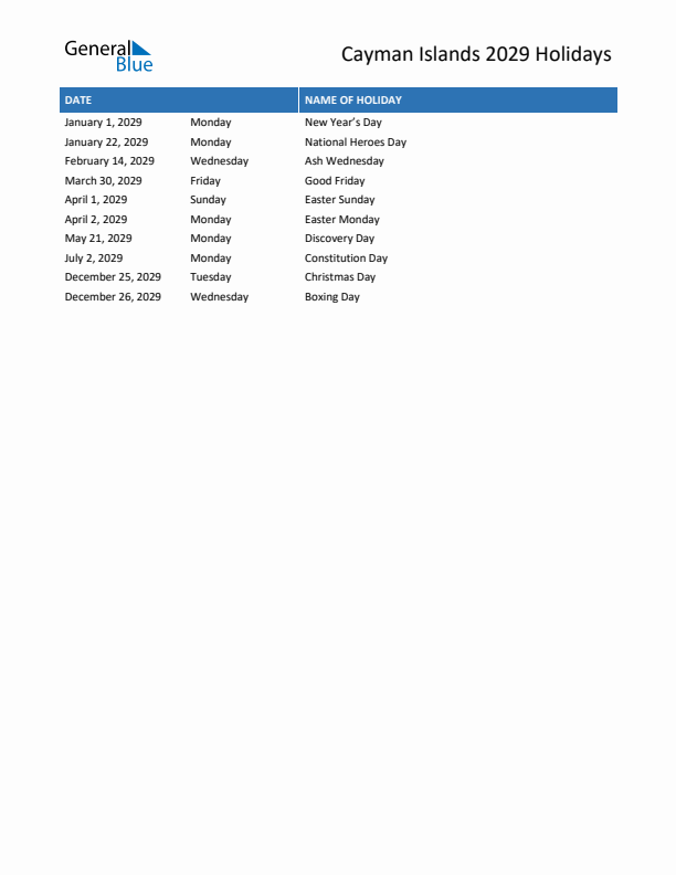 Free printable list of Cayman Islands holidays for year 2029