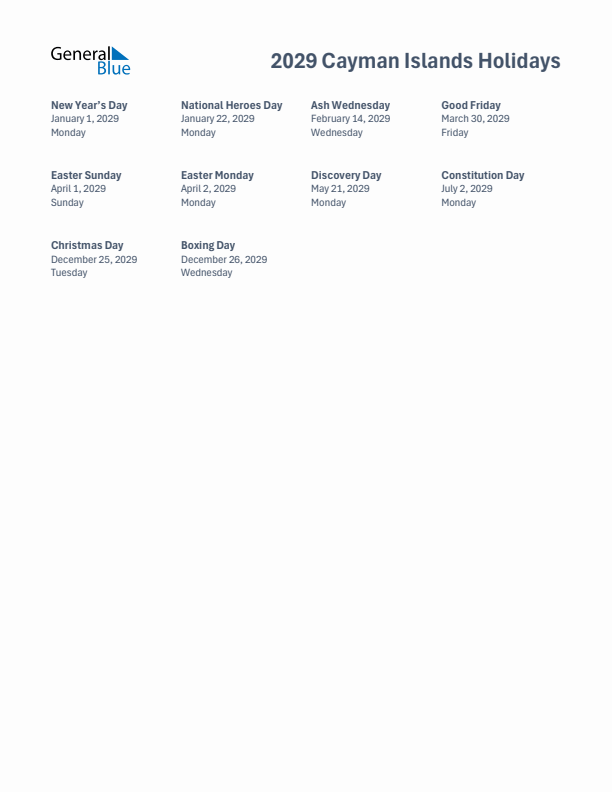 Free printable list of Cayman Islands holidays for year 2029