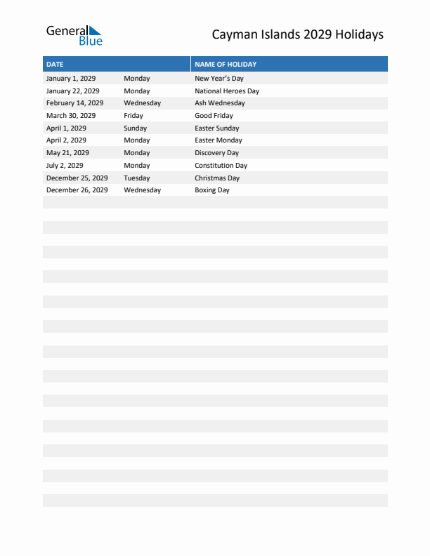 Free printable list of Cayman Islands holidays for year 2029