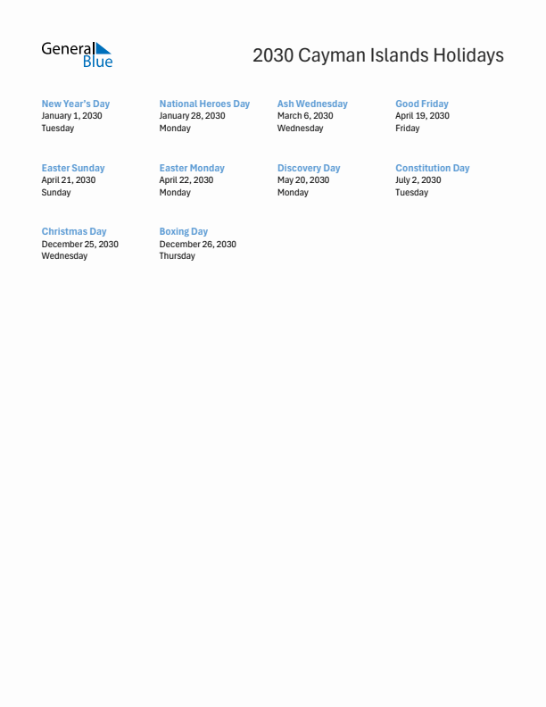 Free printable list of Cayman Islands holidays for year 2030