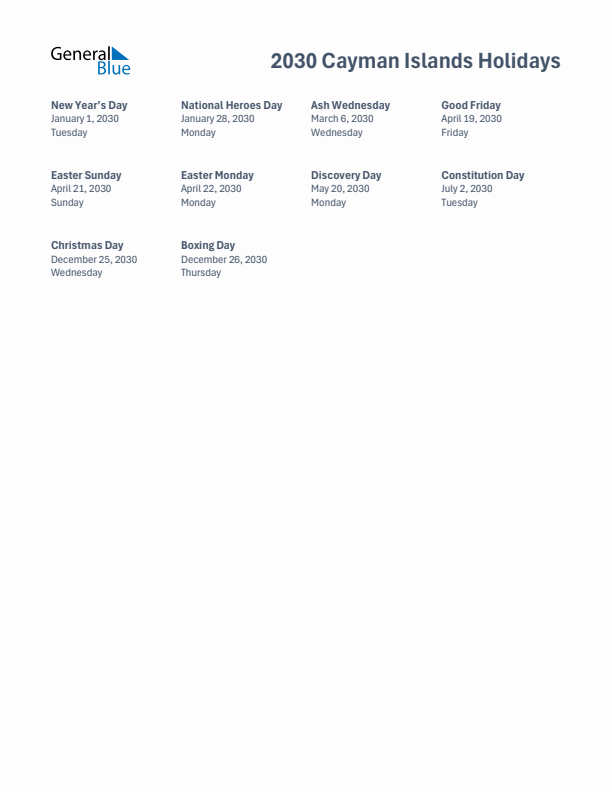 Free printable list of Cayman Islands holidays for year 2030