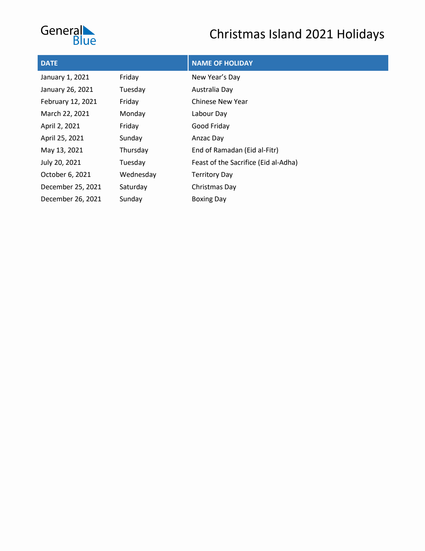 2021 Christmas Island List of Holidays in PDF, Word, and Excel
