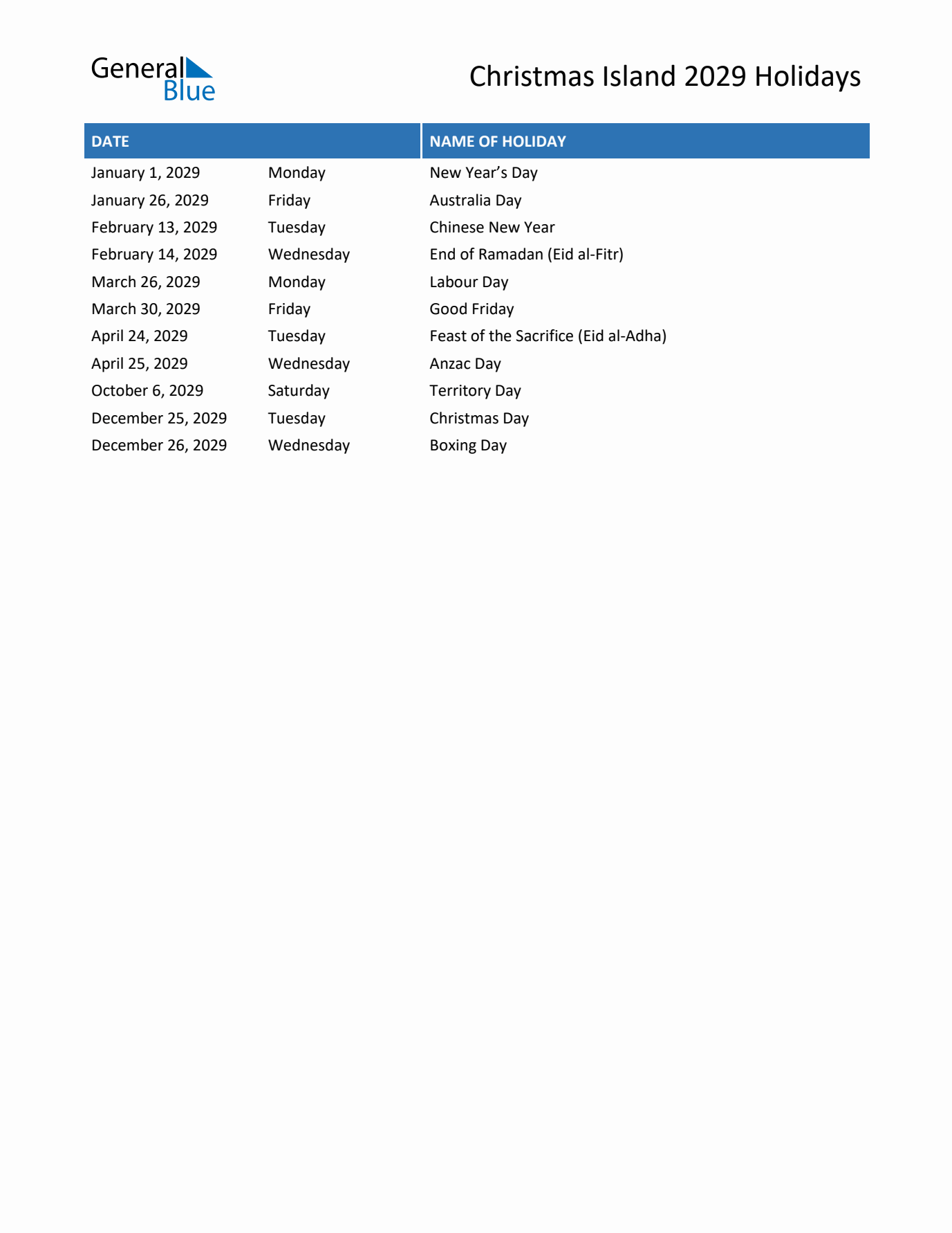 2029 Christmas Island List of Holidays in PDF, Word, and Excel