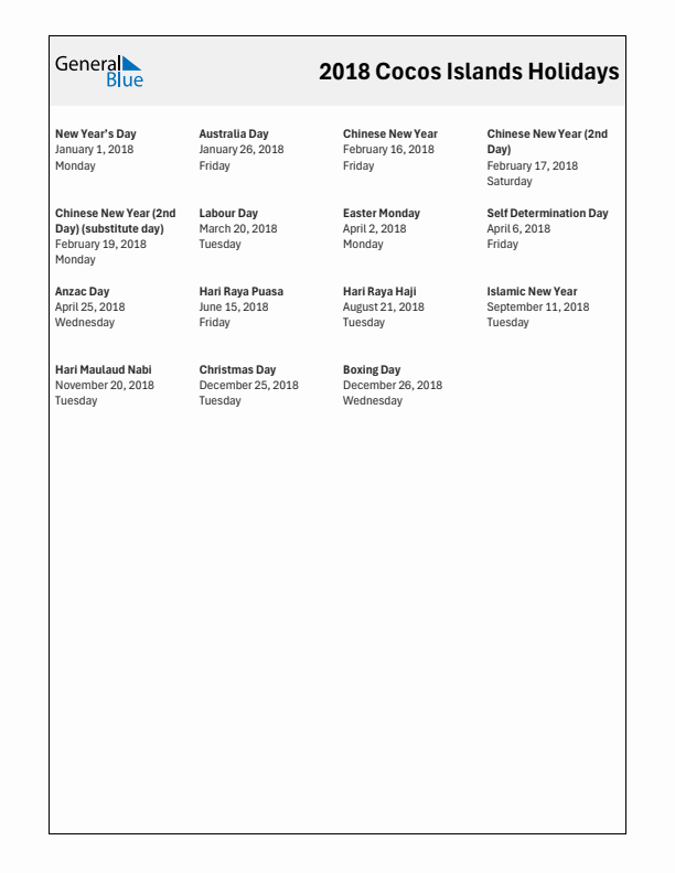 Free printable list of Cocos Islands holidays for year 2018