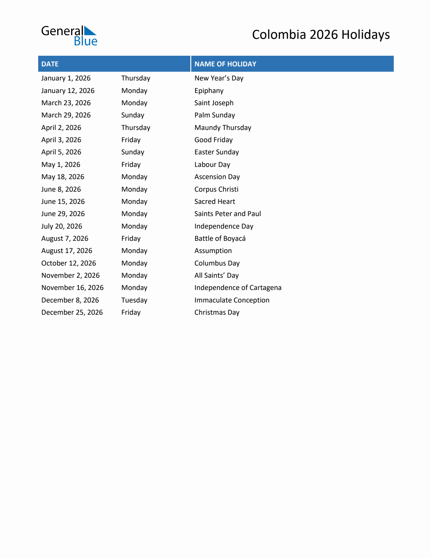 2026 Colombia List of Holidays in PDF, Word, and Excel