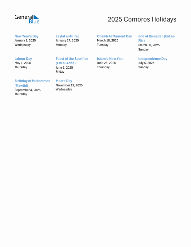 Free printable list of Comoros holidays for year 2025