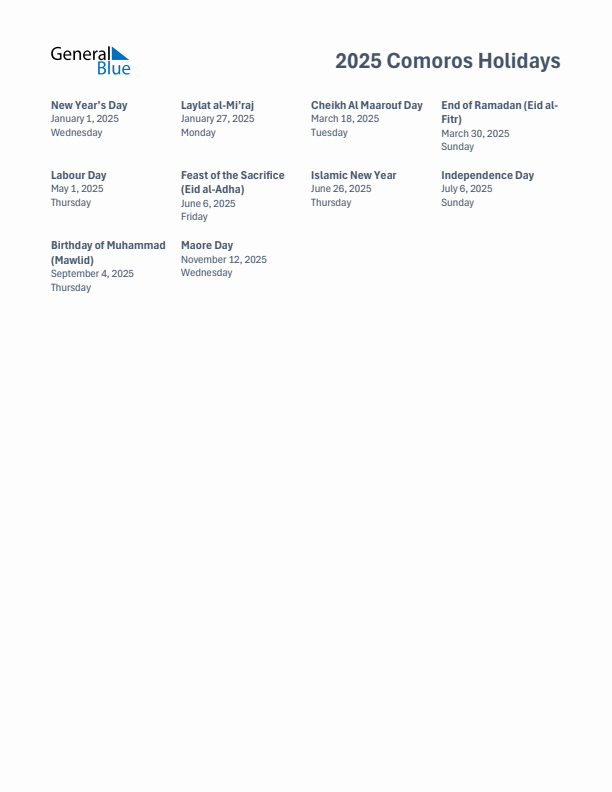 Free printable list of Comoros holidays for year 2025