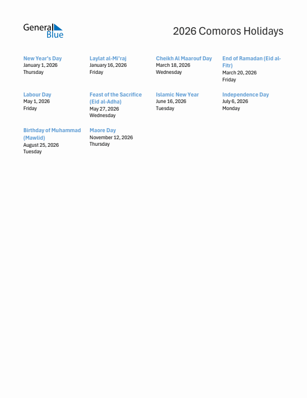 Free printable list of Comoros holidays for year 2026