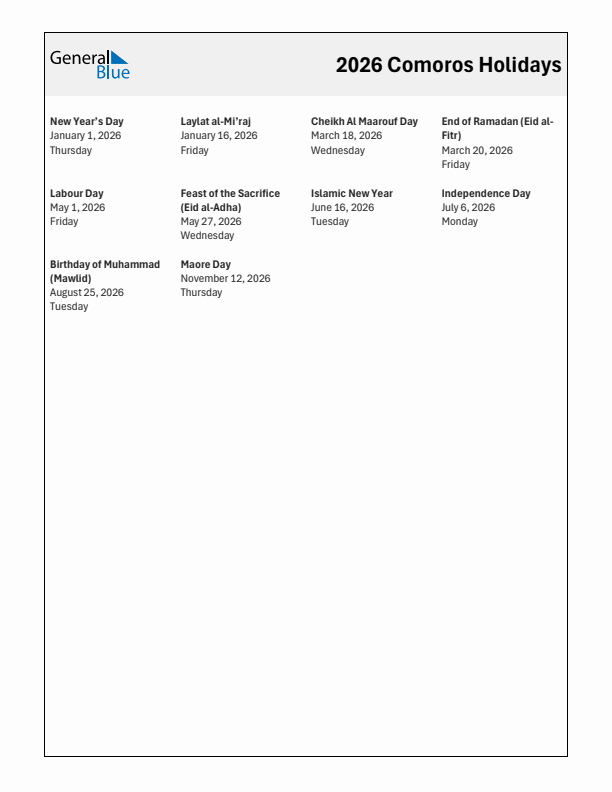 Free printable list of Comoros holidays for year 2026