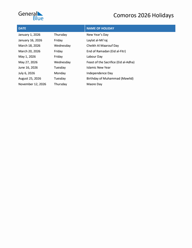 Free printable list of Comoros holidays for year 2026
