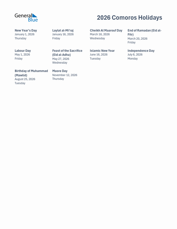 Free printable list of Comoros holidays for year 2026
