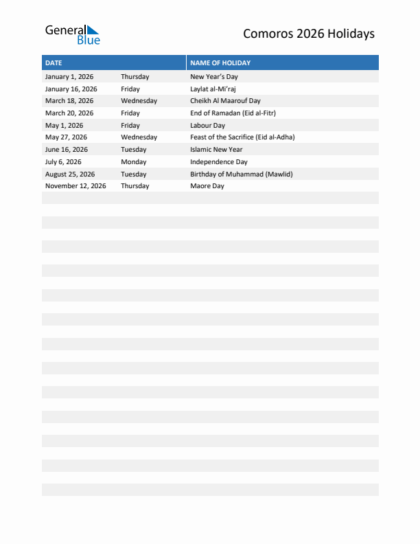 Free printable list of Comoros holidays for year 2026