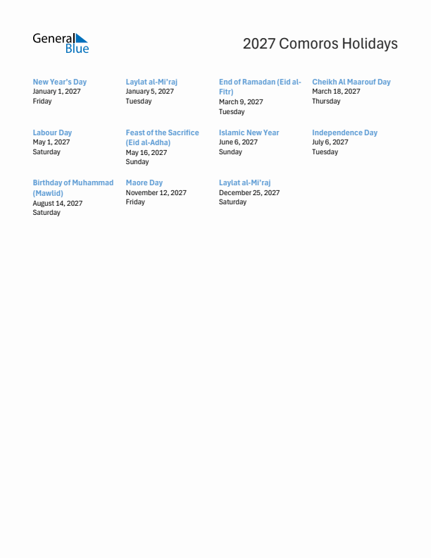 Free printable list of Comoros holidays for year 2027