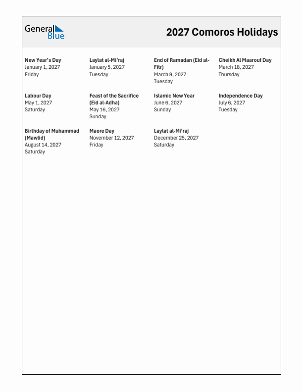 Free printable list of Comoros holidays for year 2027